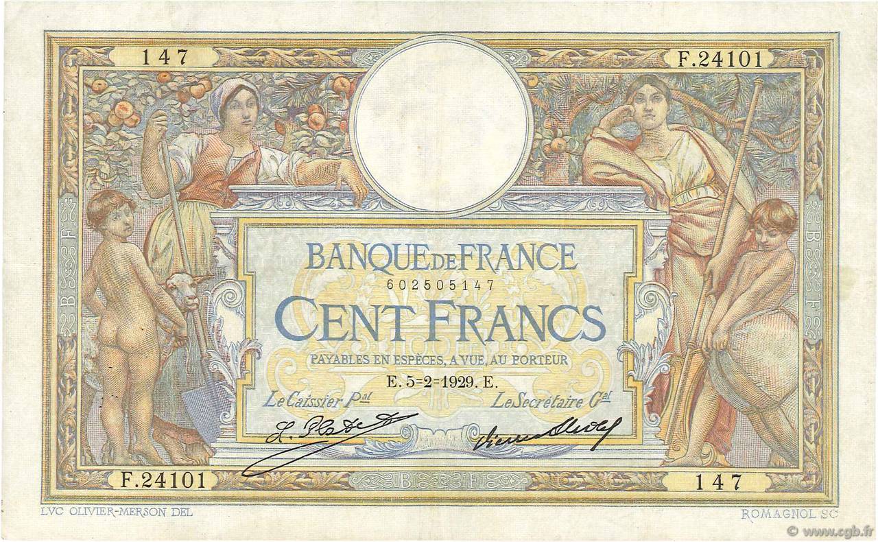 100 Francs LUC OLIVIER MERSON grands cartouches FRANCIA  1929 F.24.08 BB