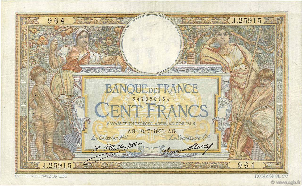 100 Francs LUC OLIVIER MERSON grands cartouches FRANCE  1930 F.24.09 TB+
