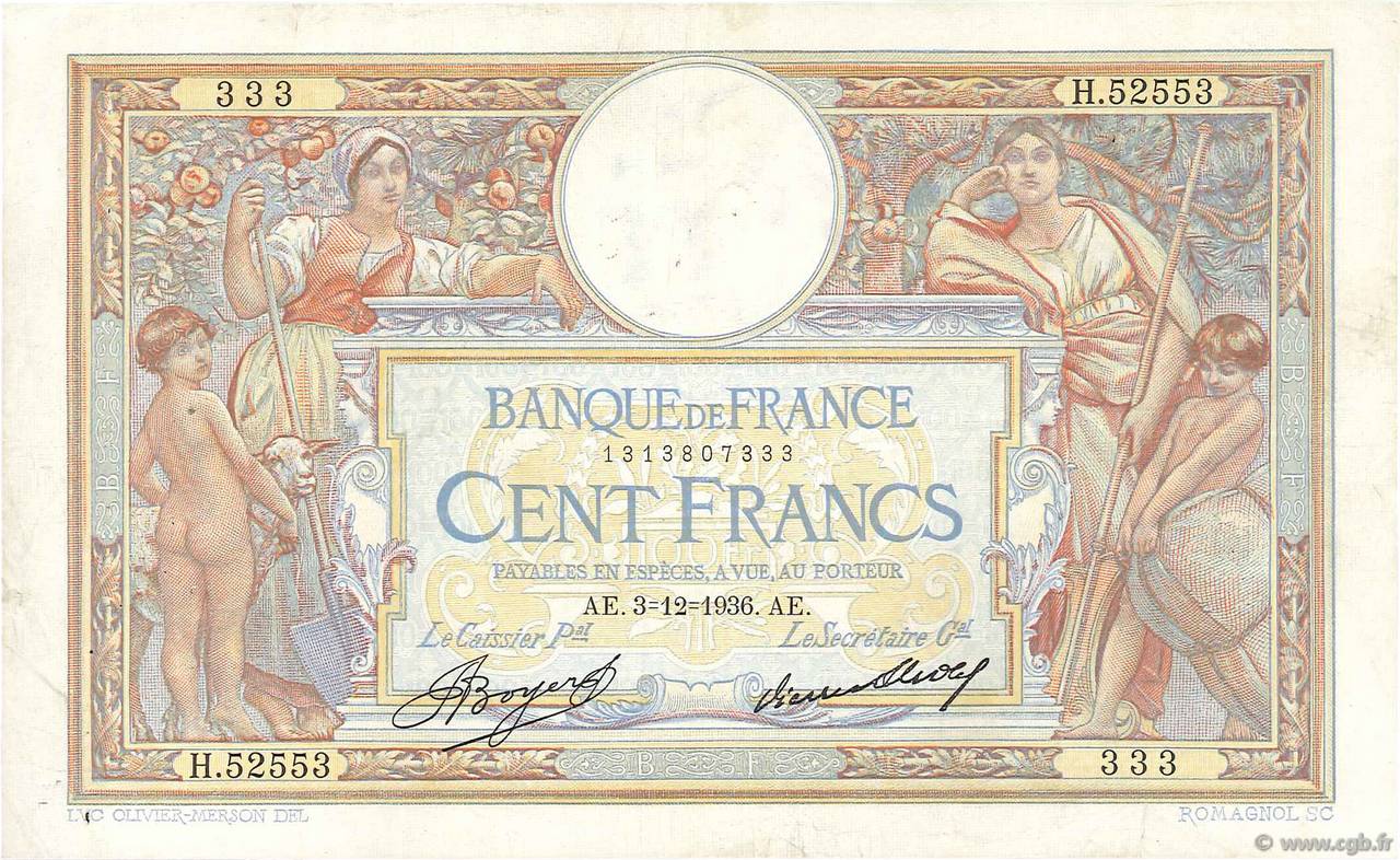 100 Francs LUC OLIVIER MERSON grands cartouches FRANCIA  1936 F.24.15 BC+