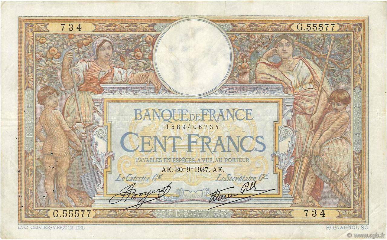 100 Francs LUC OLIVIER MERSON type modifié FRANKREICH  1937 F.25.02 fSS