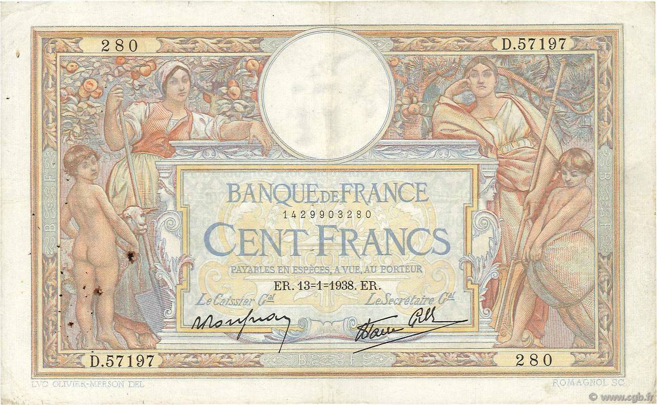 100 Francs LUC OLIVIER MERSON type modifié FRANCIA  1938 F.25.08 BC+
