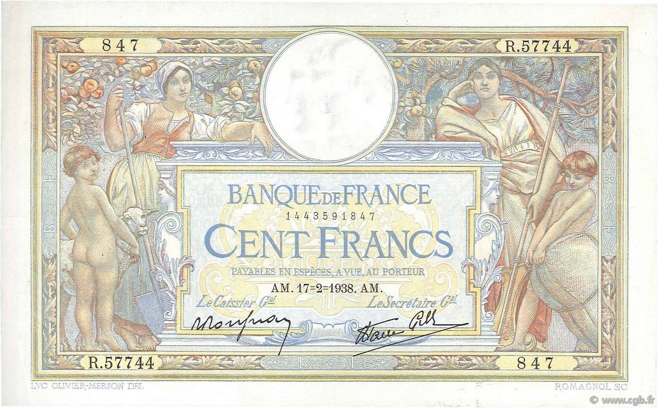 100 Francs LUC OLIVIER MERSON type modifié FRANCIA  1938 F.25.11 BB