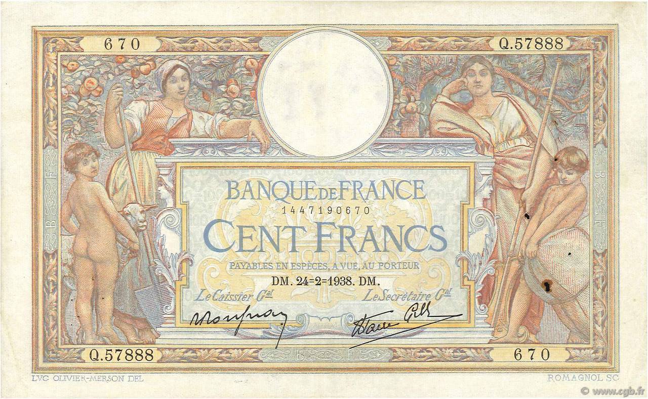 100 Francs LUC OLIVIER MERSON type modifié FRANCE  1938 F.25.12 TTB