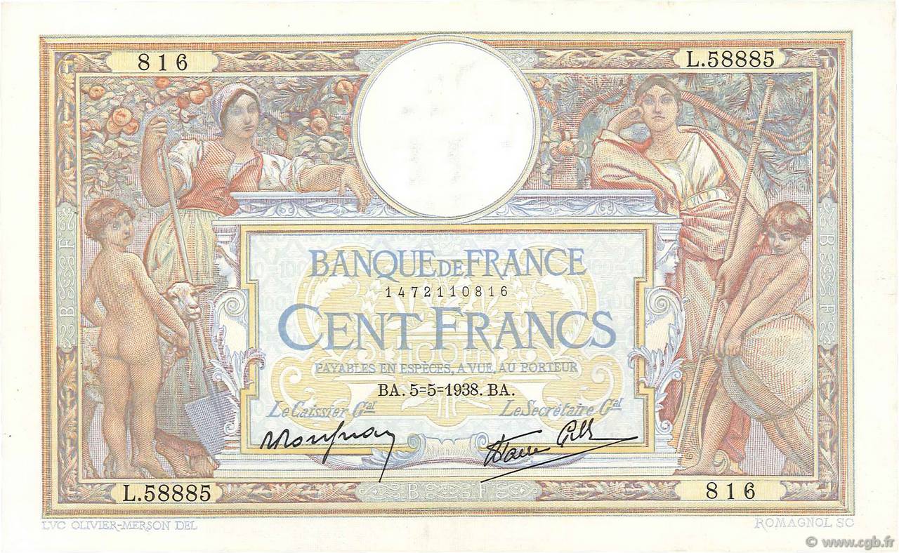 100 Francs LUC OLIVIER MERSON type modifié FRANCE  1938 F.25.17 VF+