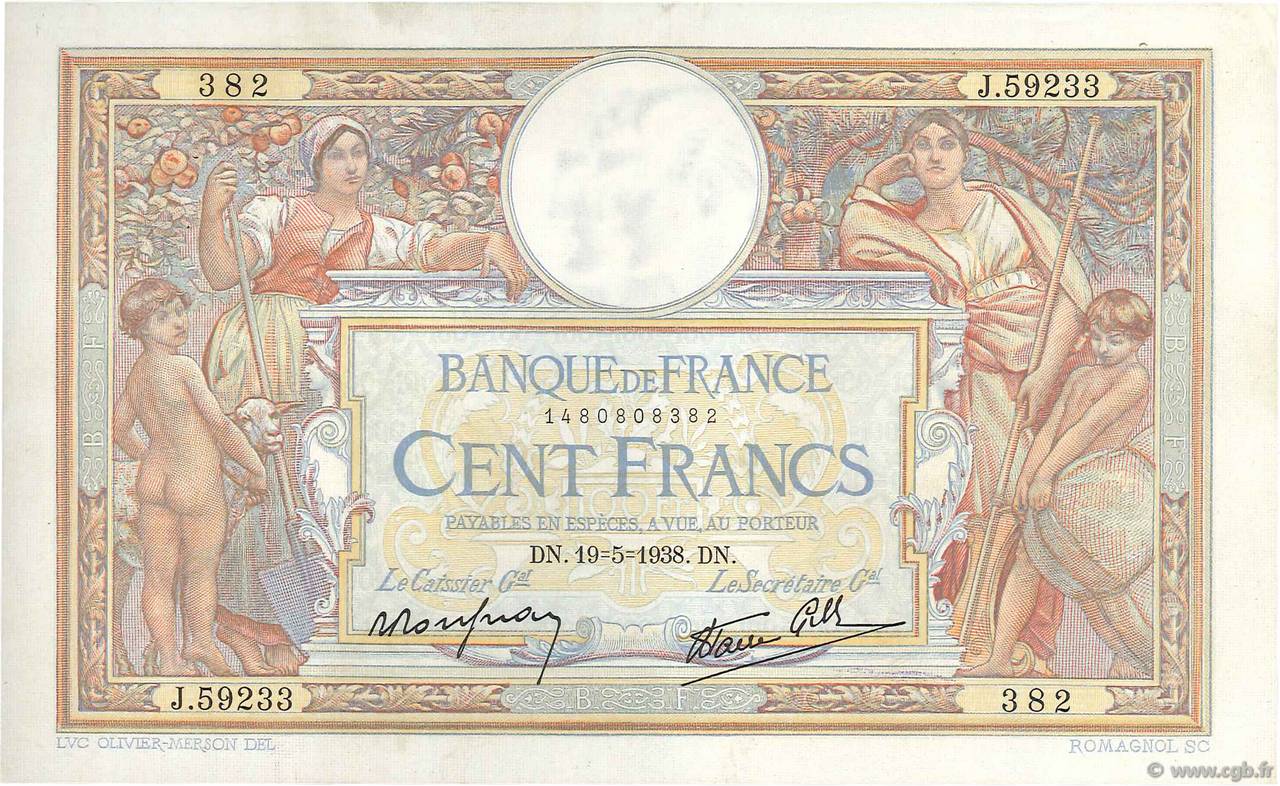100 Francs LUC OLIVIER MERSON type modifié FRANCIA  1938 F.25.19 MBC+