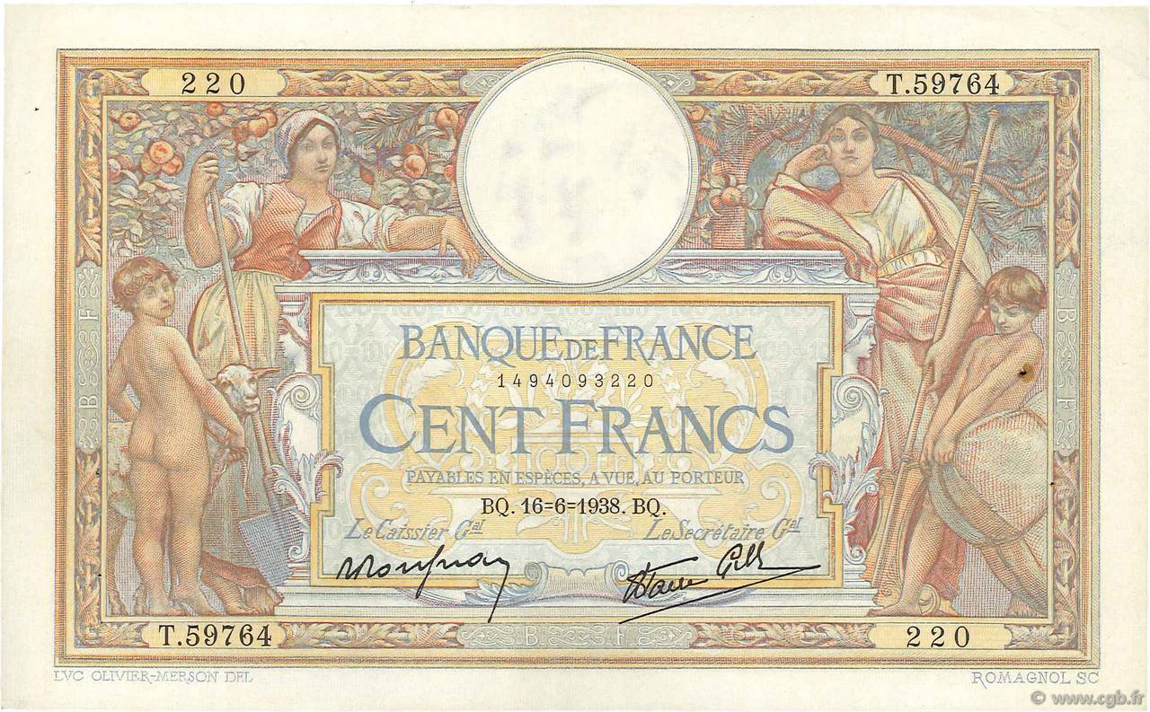 100 Francs LUC OLIVIER MERSON type modifié FRANCE  1938 F.25.23 VF