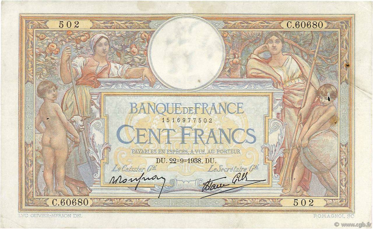 100 Francs LUC OLIVIER MERSON type modifié FRANCIA  1938 F.25.29 MBC