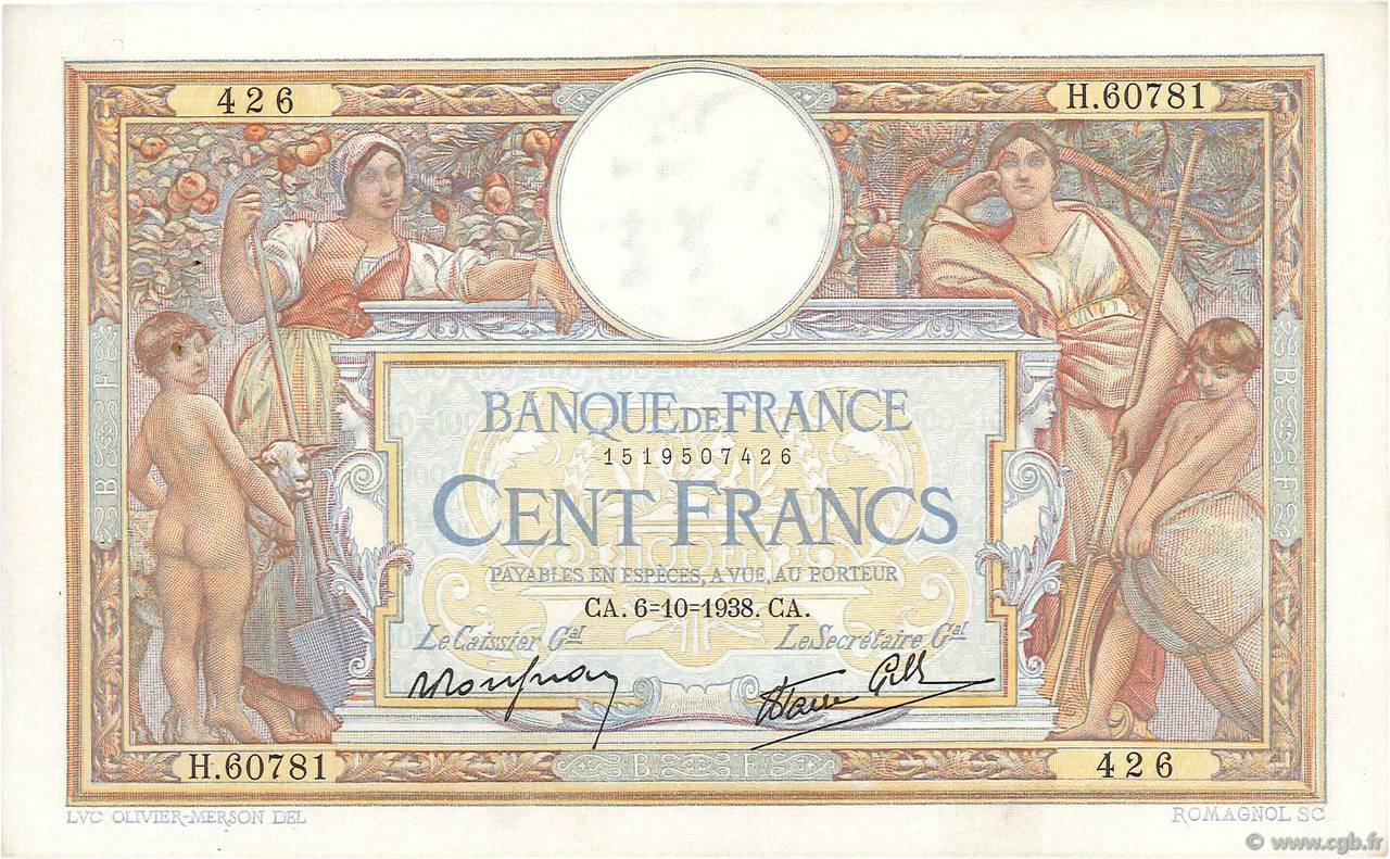 100 Francs LUC OLIVIER MERSON type modifié FRANCE  1938 F.25.30 XF
