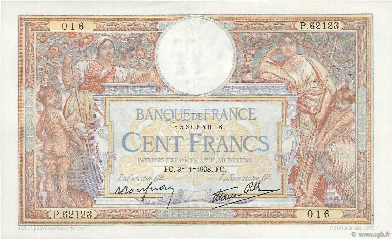100 Francs LUC OLIVIER MERSON type modifié FRANCIA  1938 F.25.34 q.SPL