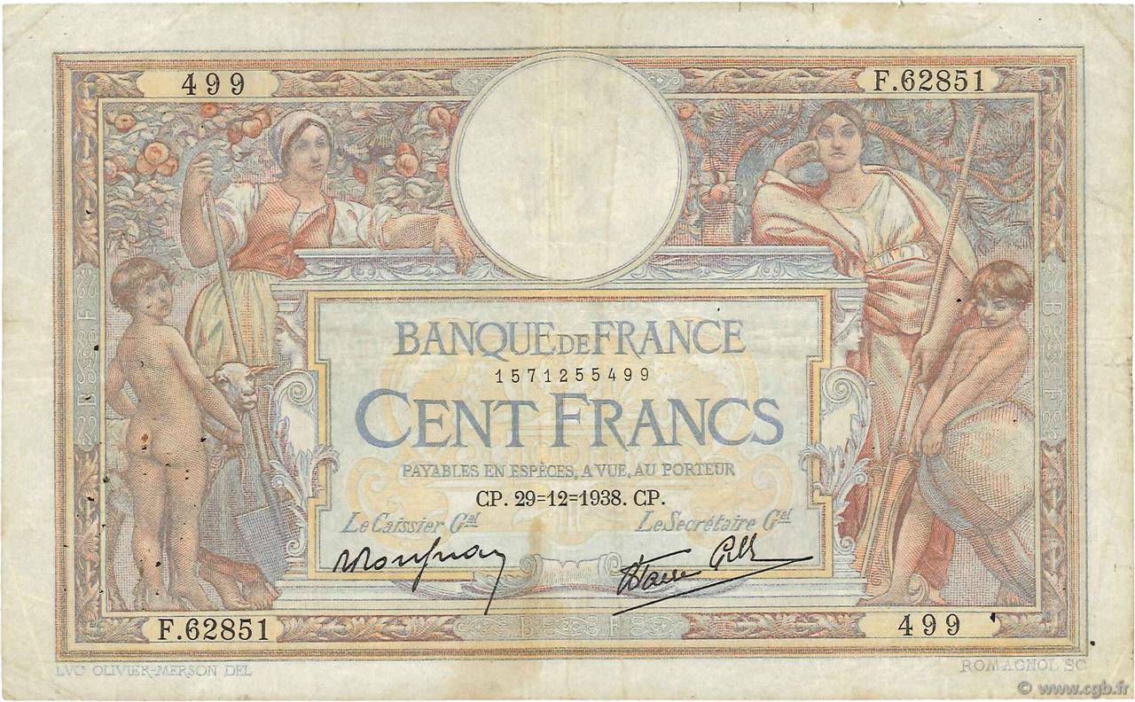 100 Francs LUC OLIVIER MERSON type modifié FRANCIA  1938 F.25.37 BC