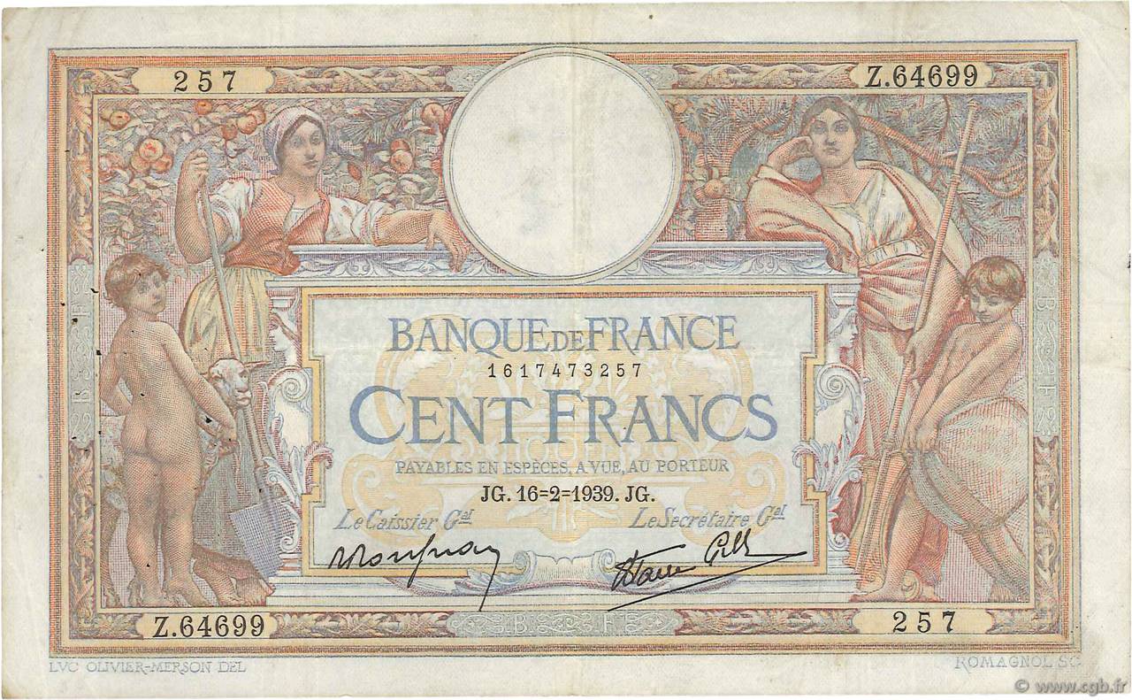 100 Francs LUC OLIVIER MERSON type modifié FRANCIA  1939 F.25.43 q.BB