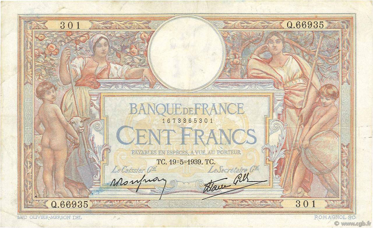 100 Francs LUC OLIVIER MERSON type modifié FRANCIA  1939 F.25.47 q.BB