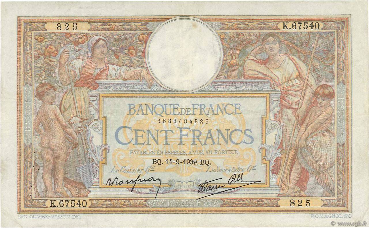 100 Francs LUC OLIVIER MERSON type modifié FRANCE  1939 F.25.49 VF-