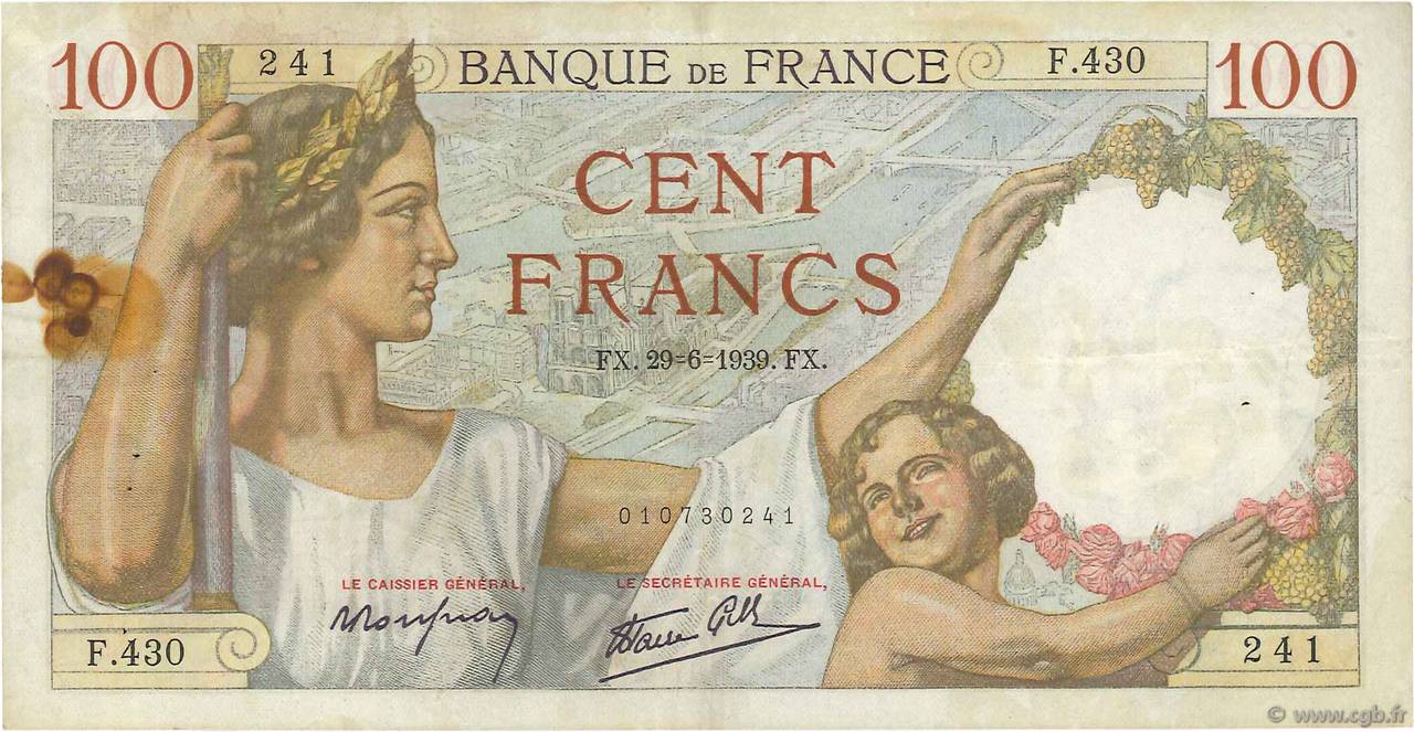 100 Francs SULLY FRANCE  1939 F.26.04 TB