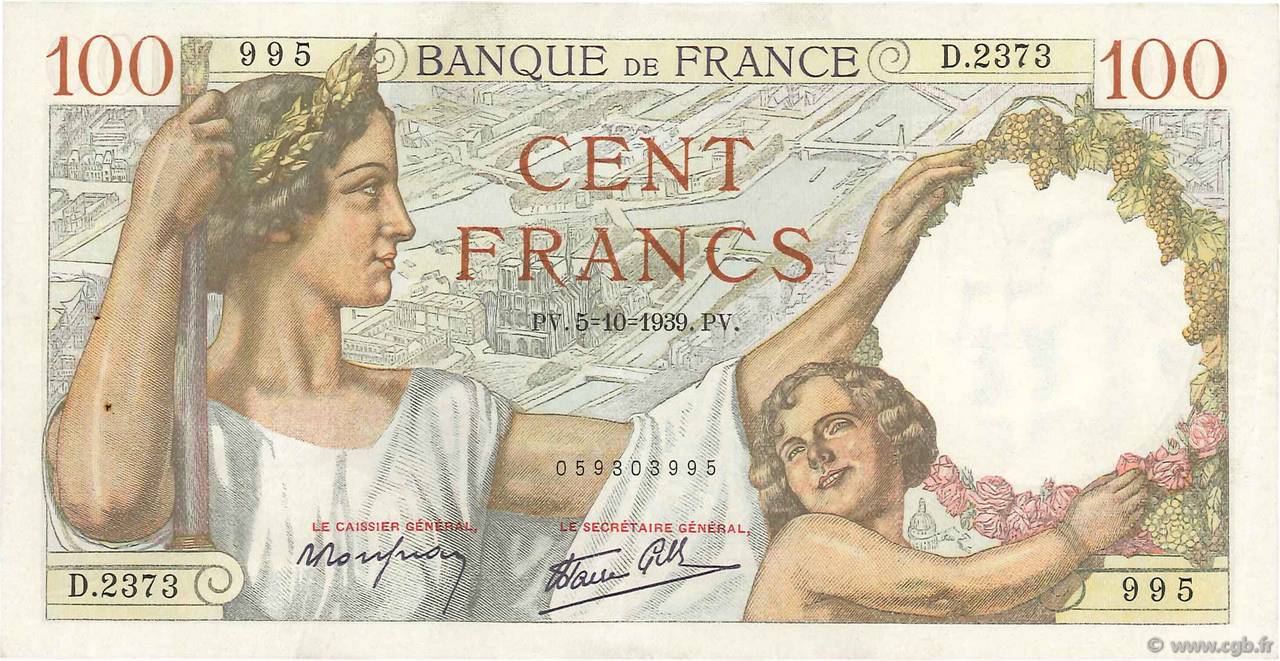 100 Francs SULLY FRANCE  1939 F.26.09 XF-