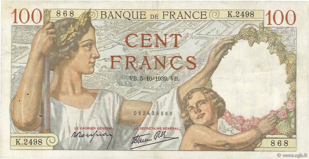100 Francs SULLY FRANCE  1939 F.26.09 TTB