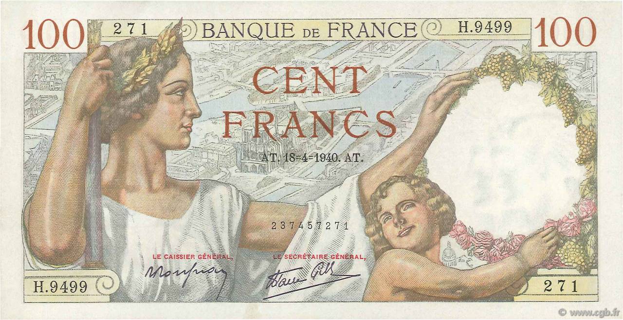 100 Francs SULLY FRANCE  1940 F.26.27 AU