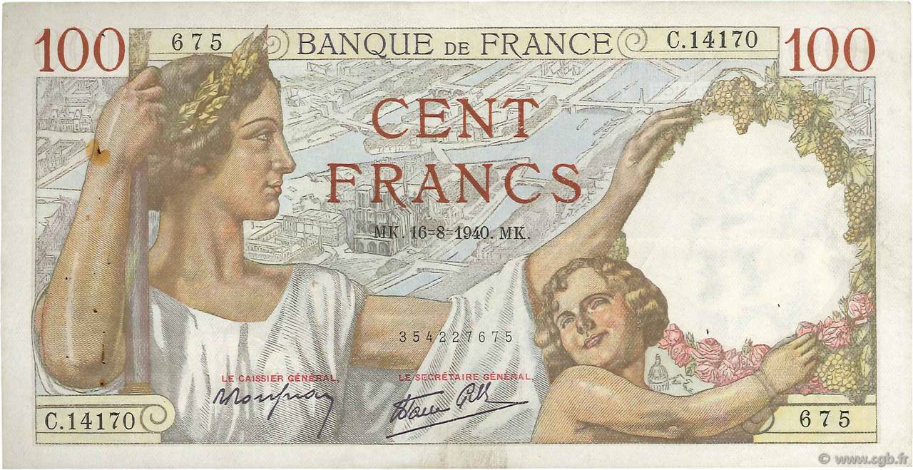 100 Francs SULLY FRANCE  1940 F.26.36 VF