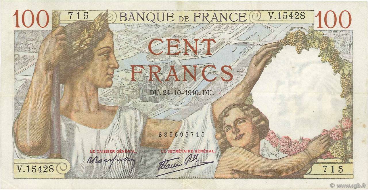 100 Francs SULLY FRANCE  1940 F.26.39 VF