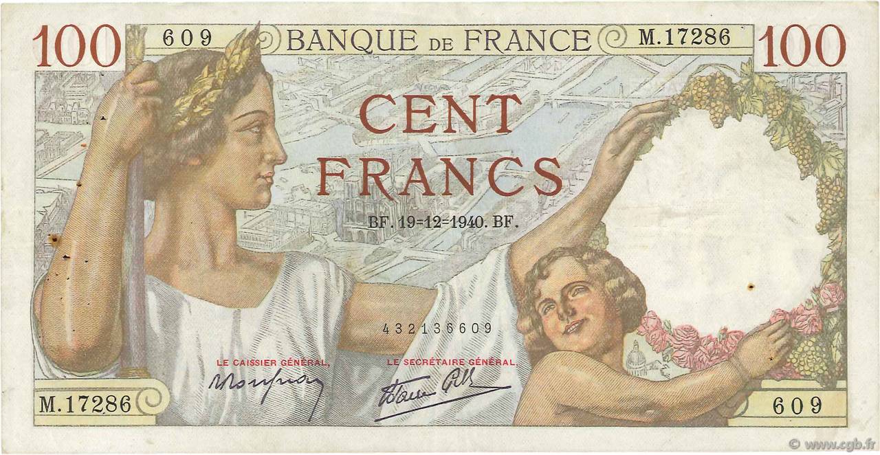 100 Francs SULLY FRANCE  1940 F.26.43 VF-