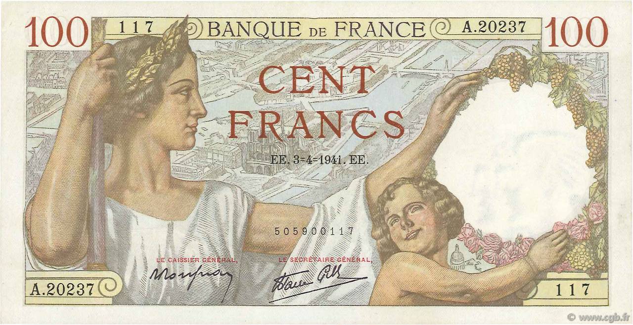 100 Francs SULLY FRANCE  1941 F.26.49 AU