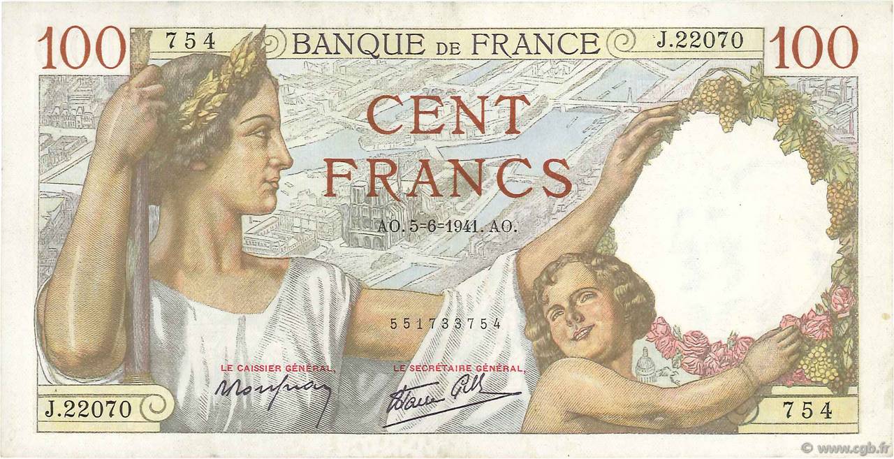 100 Francs SULLY FRANCE  1941 F.26.53 XF