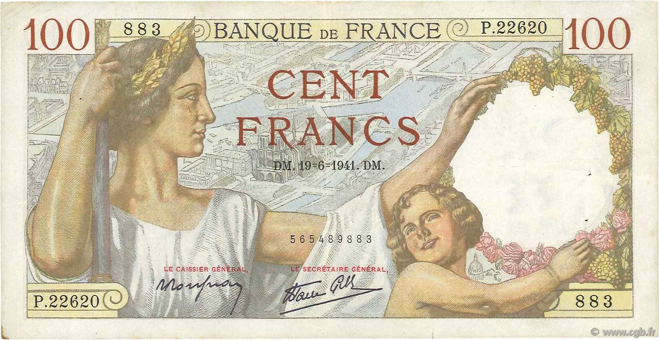 100 Francs SULLY FRANCE  1941 F.26.54 VF