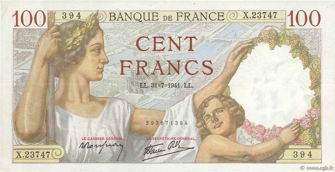 100 Francs SULLY FRANCE  1941 F.26.56 TTB+