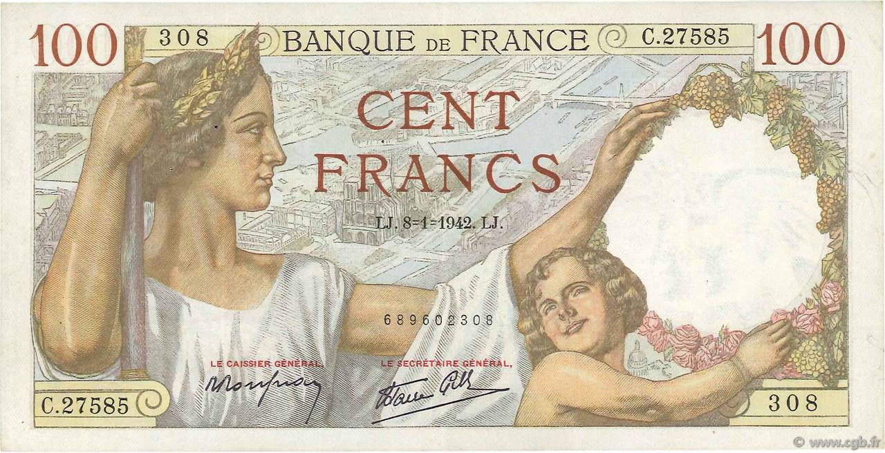 100 Francs SULLY FRANCE  1942 F.26.64 VF+