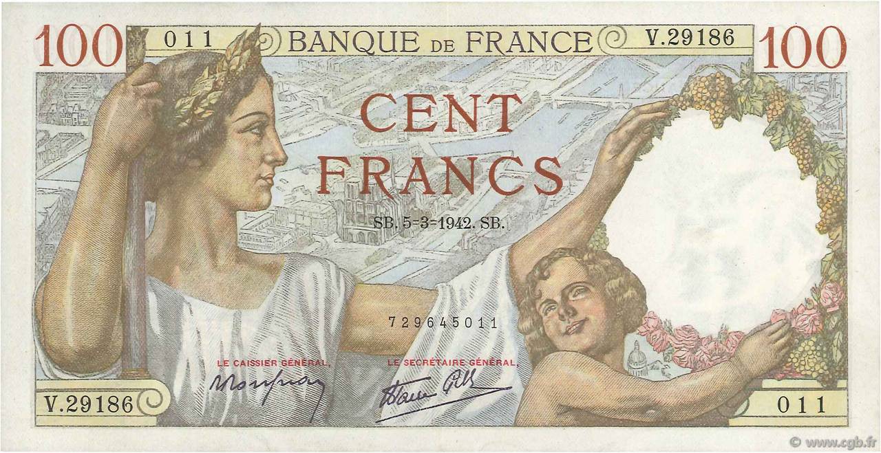 100 Francs SULLY FRANKREICH  1942 F.26.67 fST