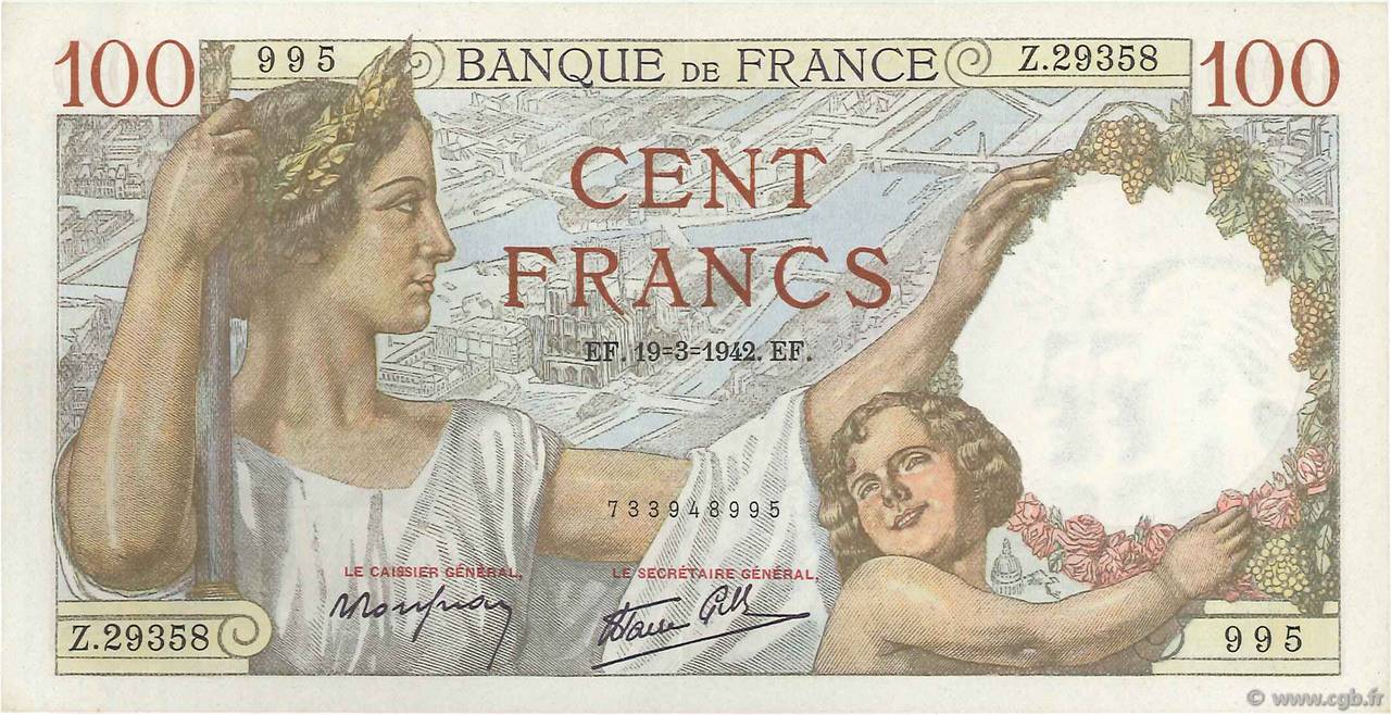 100 Francs SULLY FRANCE  1942 F.26.68 AU