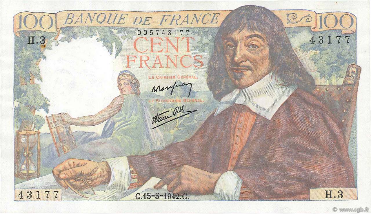 100 Francs DESCARTES FRANCIA  1942 F.27.01 EBC