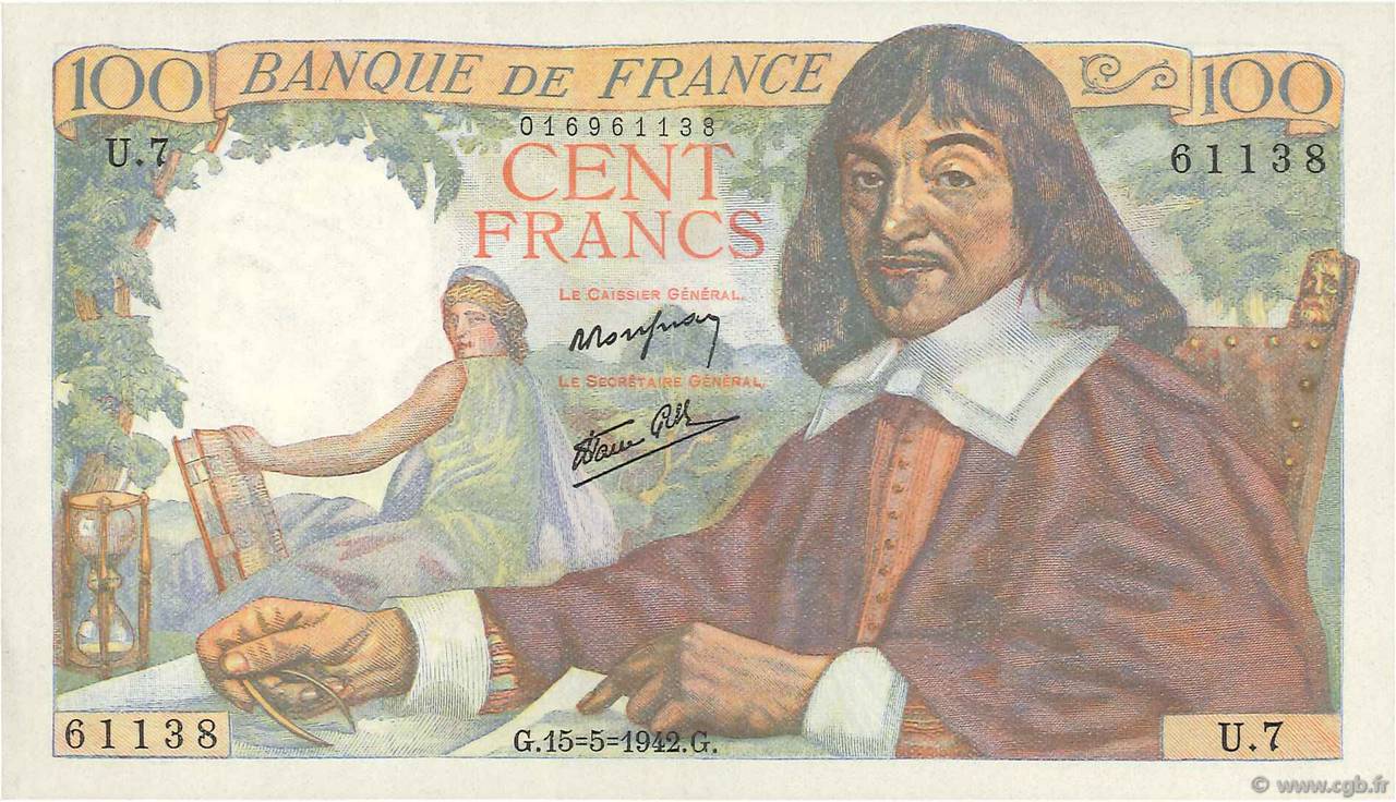 100 Francs DESCARTES FRANKREICH  1942 F.27.01 fST