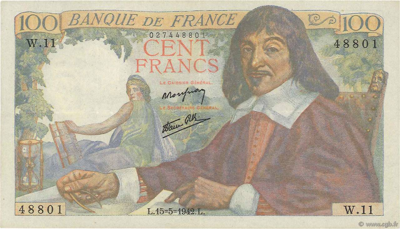 100 Francs DESCARTES FRANCE  1942 F.27.01 TTB+