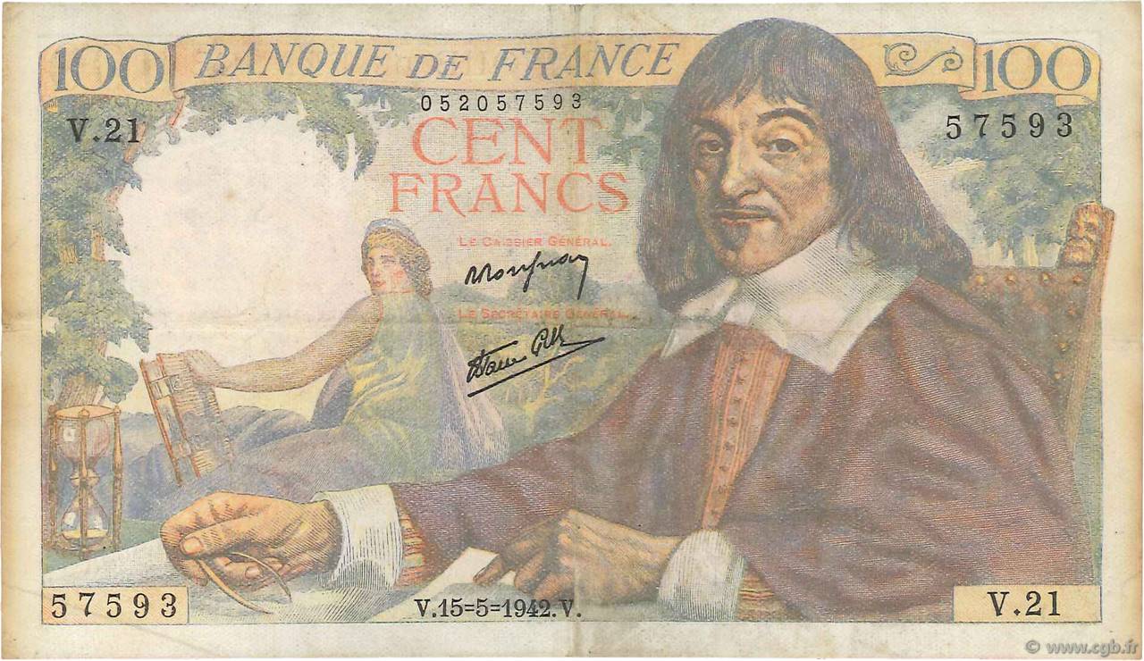 100 Francs DESCARTES FRANKREICH  1942 F.27.01 fS