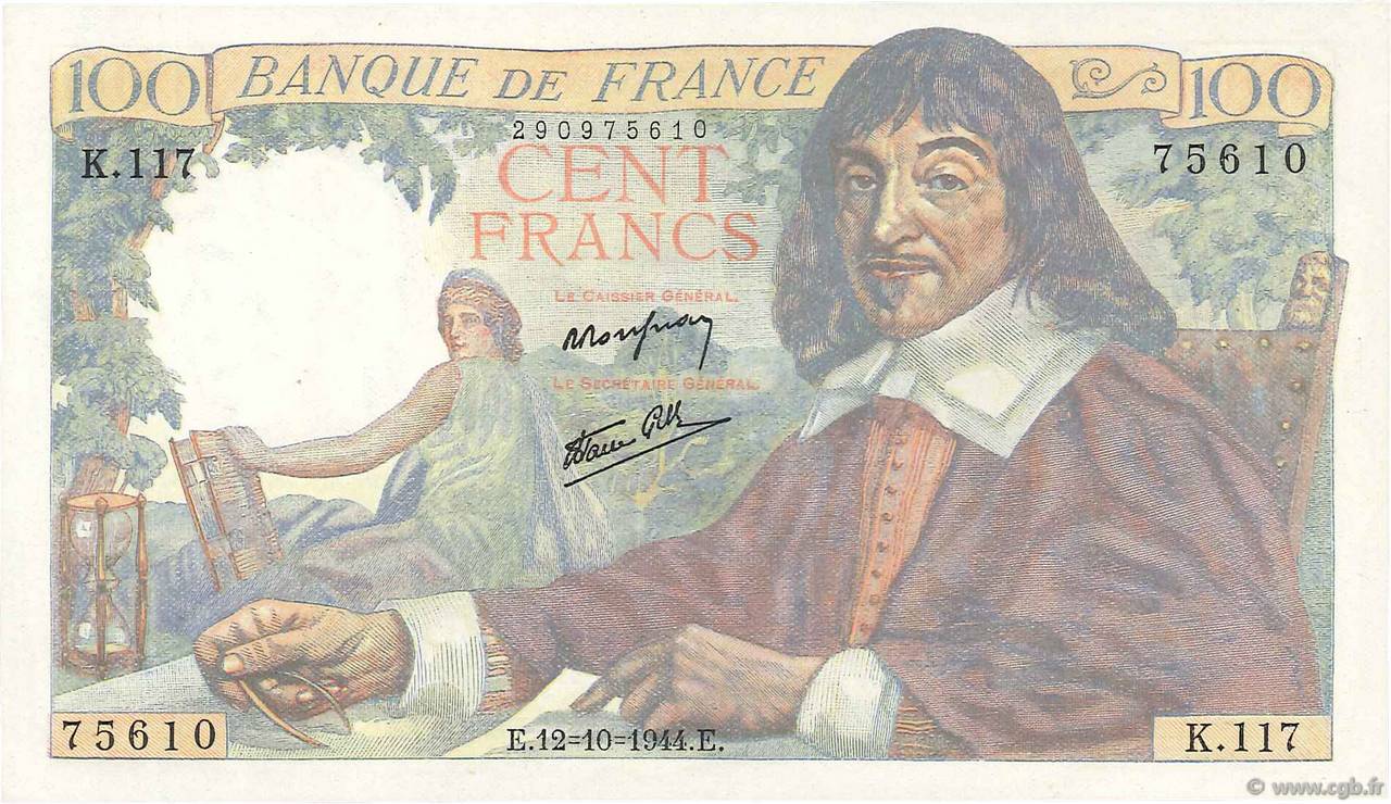 100 Francs DESCARTES FRANCIA  1944 F.27.08 FDC
