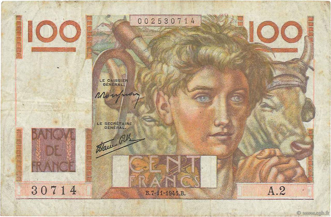 100 Francs JEUNE PAYSAN FRANKREICH  1945 F.28.01 SGE
