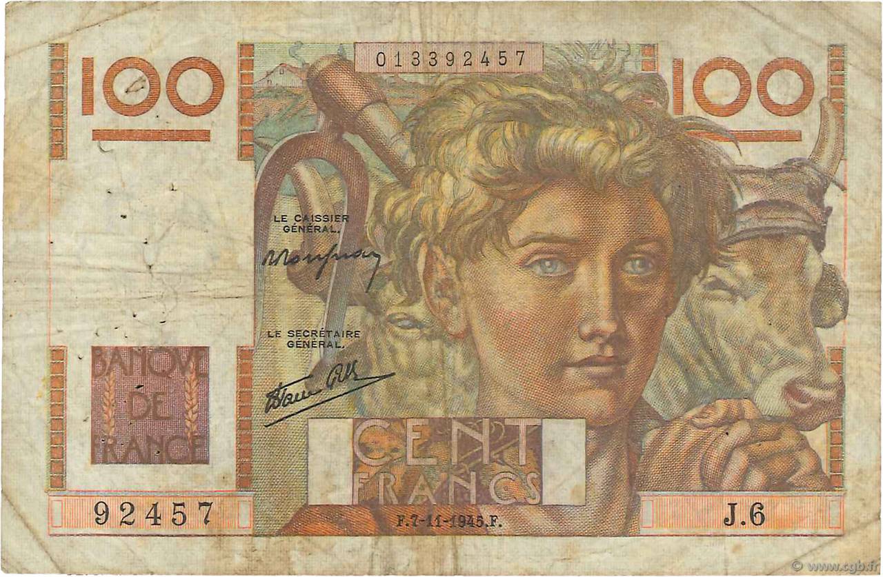 100 Francs JEUNE PAYSAN FRANKREICH  1945 F.28.01 SGE