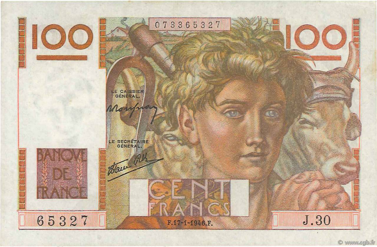100 Francs JEUNE PAYSAN FRANKREICH  1946 F.28.02 SS