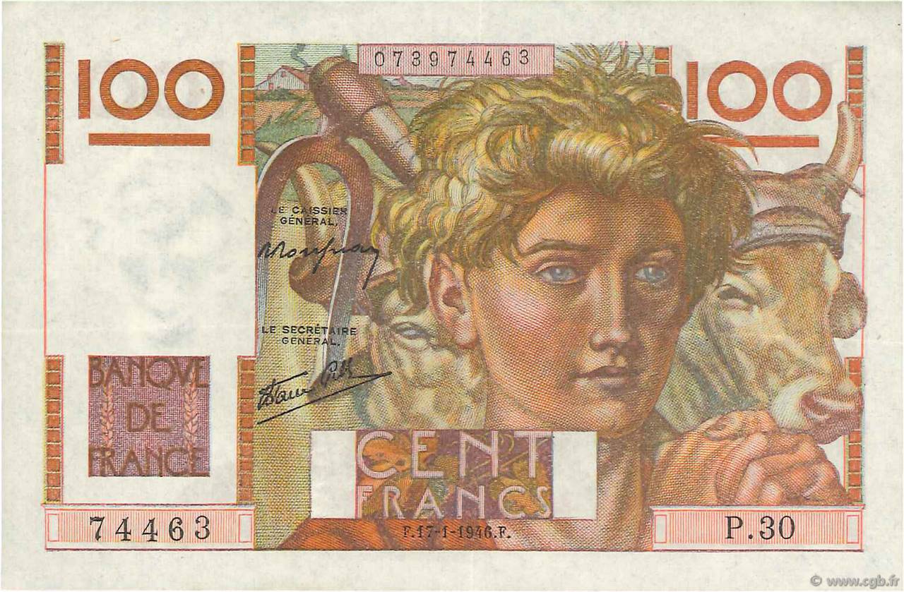 100 Francs JEUNE PAYSAN FRANCIA  1946 F.28.02 q.SPL