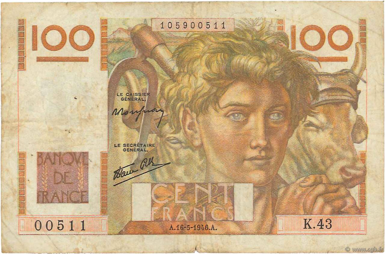 100 Francs JEUNE PAYSAN FRANKREICH  1946 F.28.04 SGE