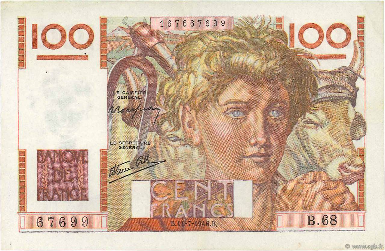 100 Francs JEUNE PAYSAN FRANCE  1946 F.28.06 TTB