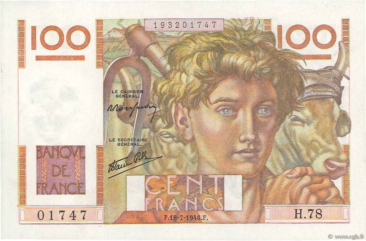 100 Francs JEUNE PAYSAN FRANCE  1946 F.28.07 SUP