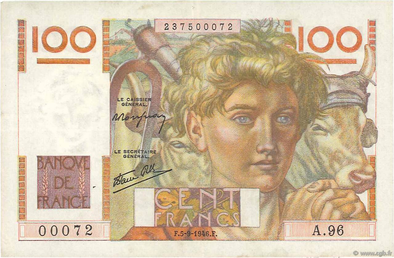 100 Francs JEUNE PAYSAN Petit numéro FRANKREICH  1946 F.28.08 SS