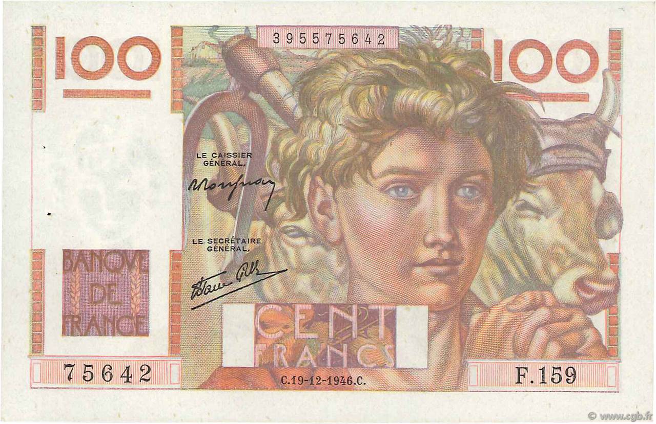 100 Francs JEUNE PAYSAN FRANKREICH  1946 F.28.12 VZ+