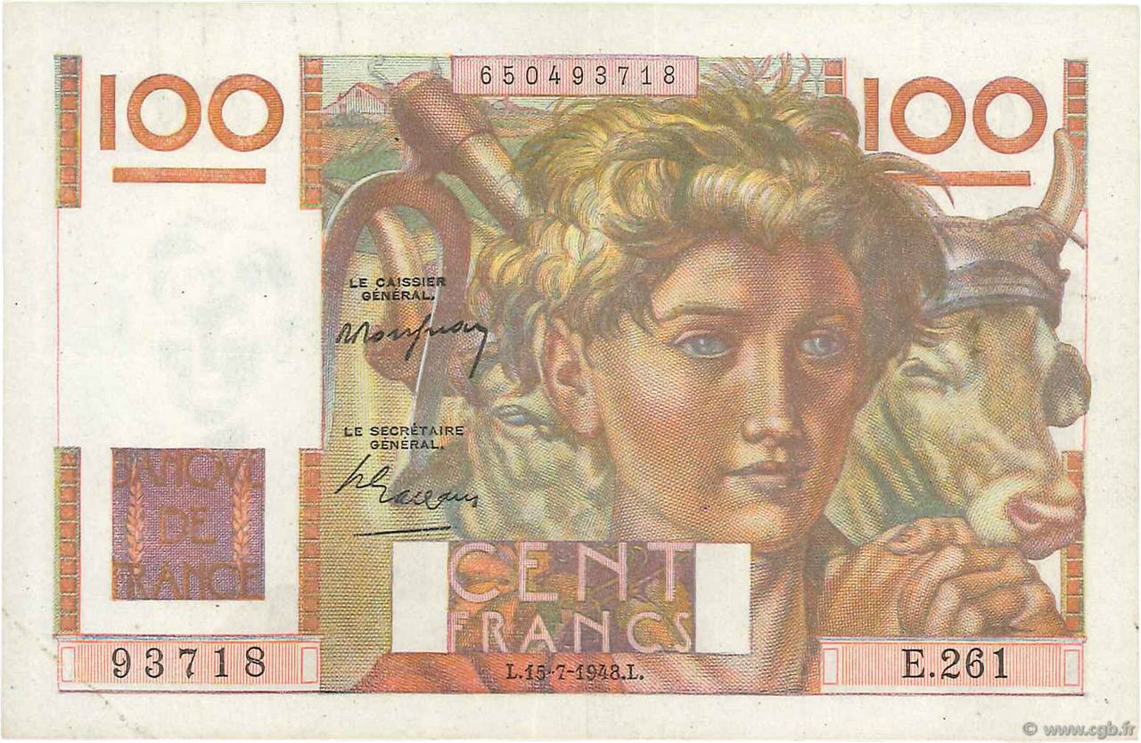 100 Francs JEUNE PAYSAN FRANCIA  1948 F.28.19 MBC