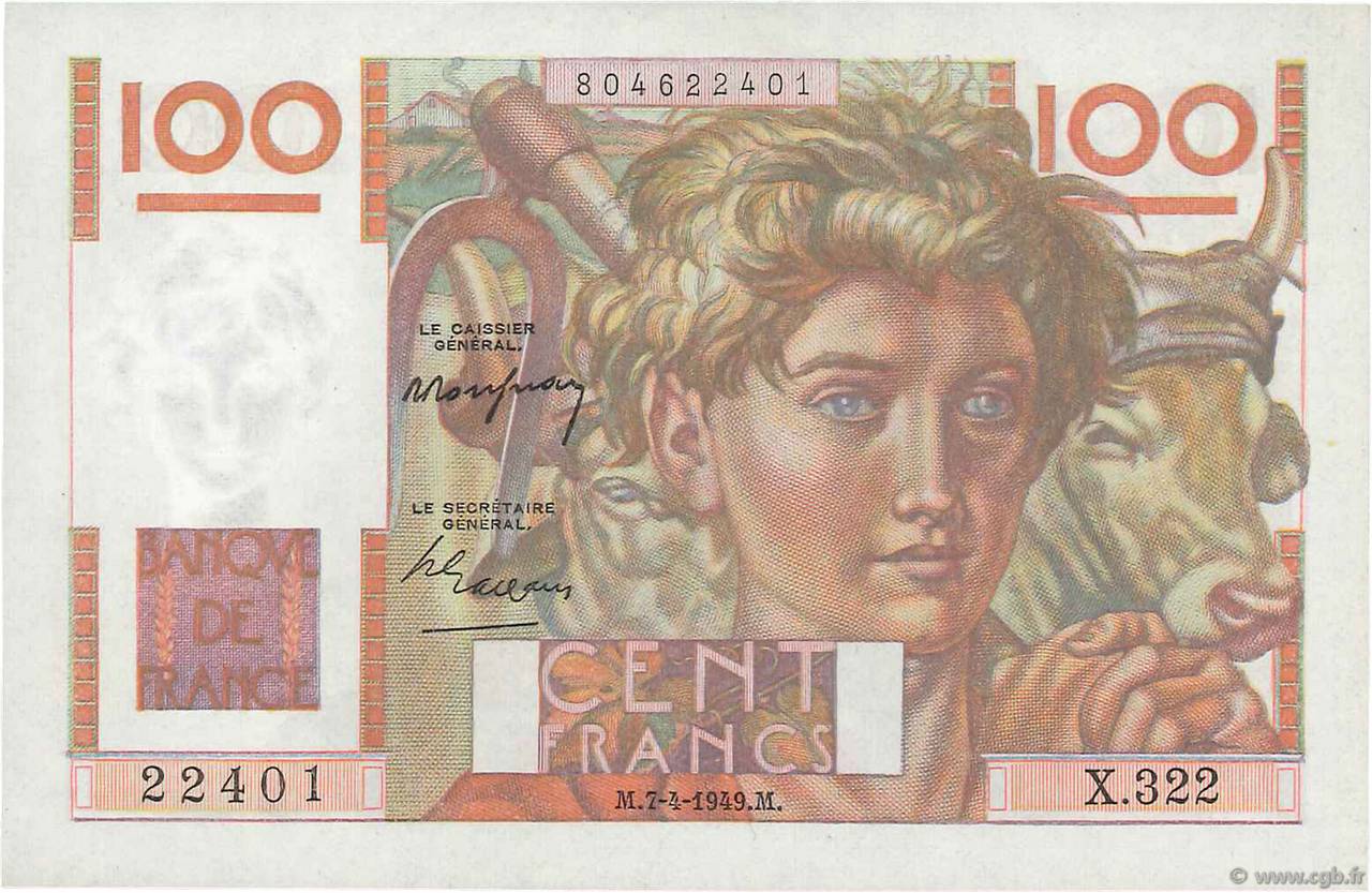 100 Francs JEUNE PAYSAN FRANCIA  1949 F.28.23 SC+