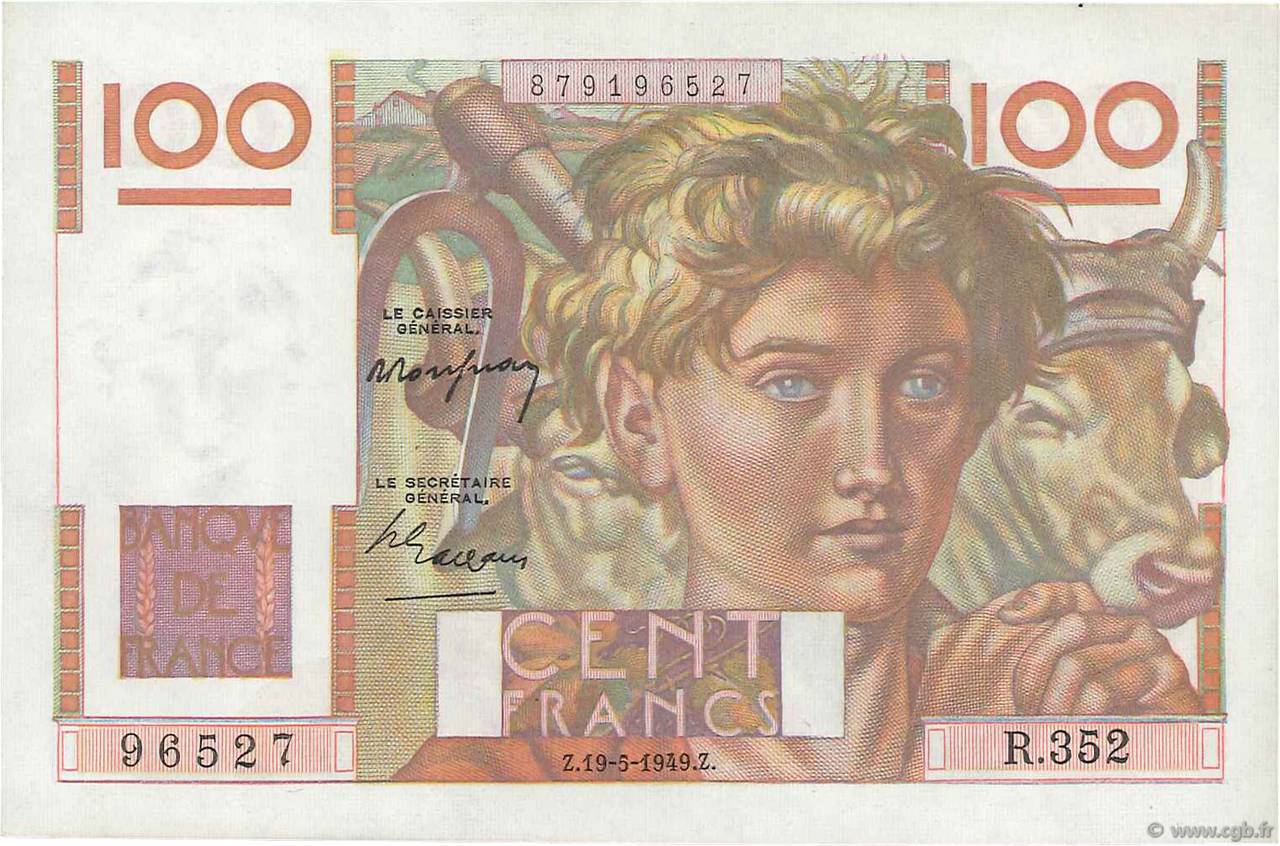 100 Francs JEUNE PAYSAN FRANKREICH  1949 F.28.24 fST