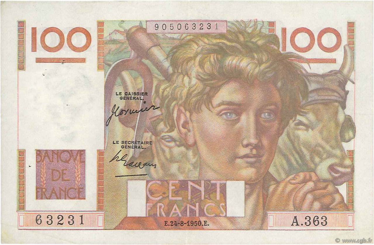 100 Francs JEUNE PAYSAN FRANCE  1950 F.28.26 TTB+