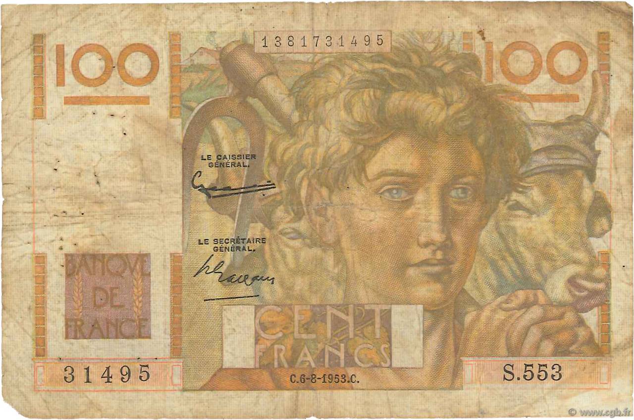 100 Francs JEUNE PAYSAN FRANCE  1953 F.28.38 P